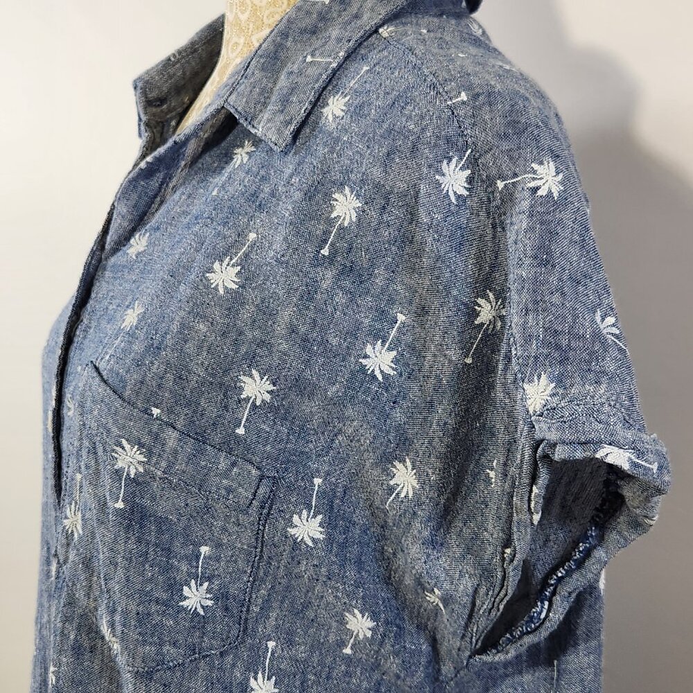 Old Navy Women's Large Denim Linen Blend Palm Tree Button-Down Tie-Front Shirt - Picture 8 of 16